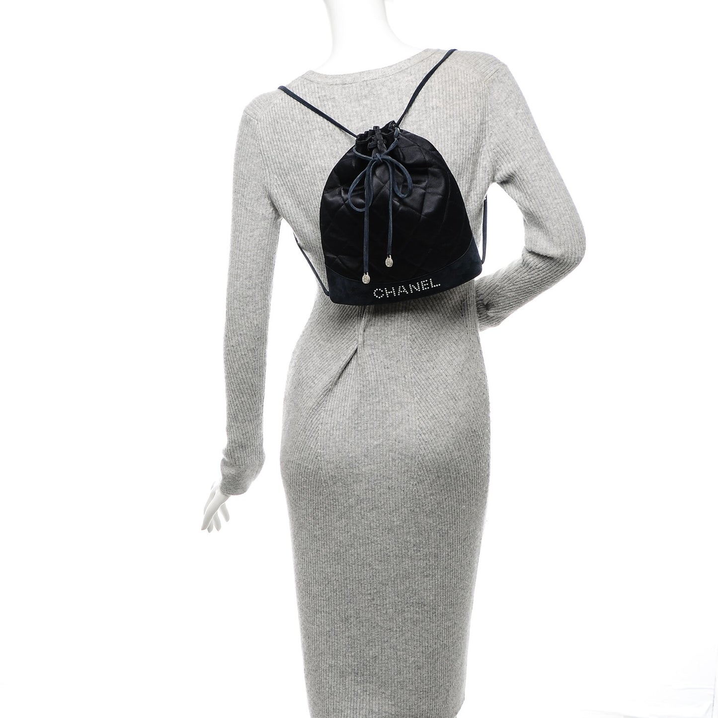 Satin Suede Quilted Drawstring Backpack Navy