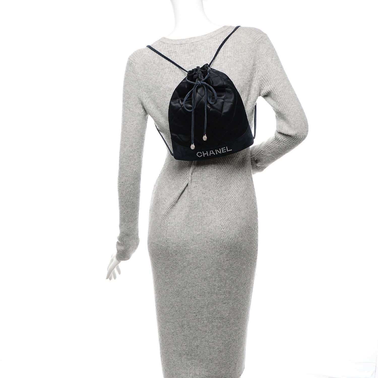 Chanel Satin Suede Quilted Drawstring Backpack Navy 2 of 7