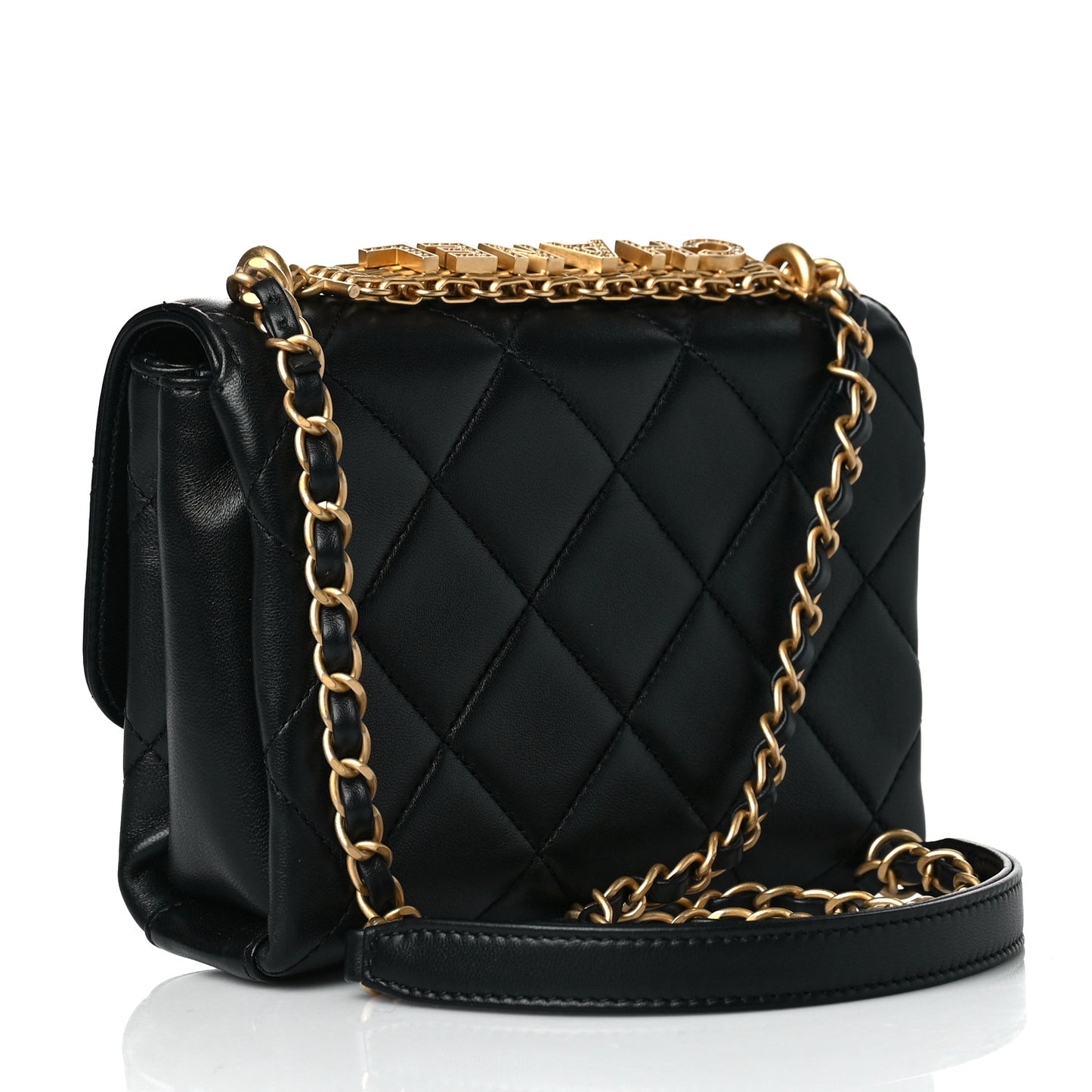 Lambskin Quilted Mini CC Crystal Logo Chain Flap Black