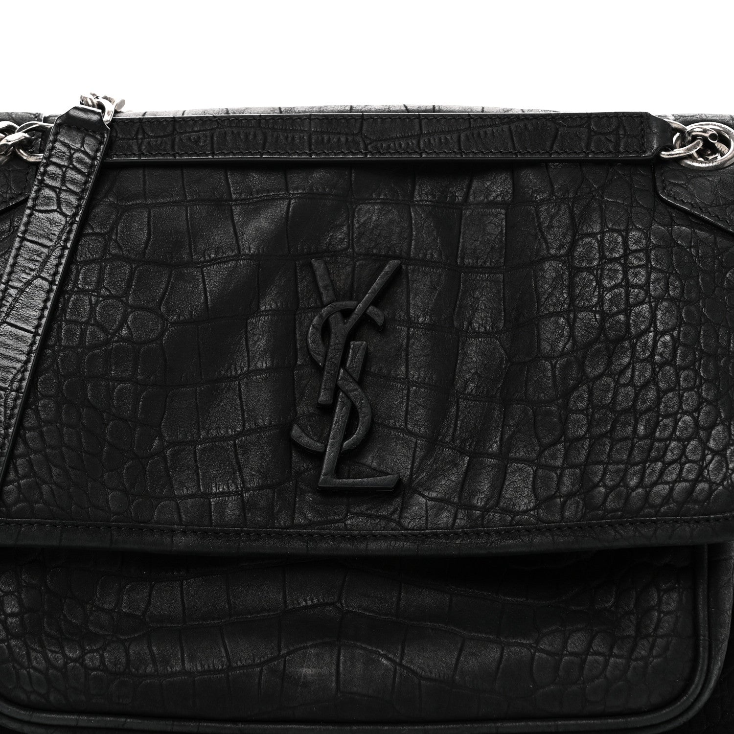 Saint Laurent Nubuck Crocodile Embossed Monogram Medium Niki Chain Satchel Black 8 of 10