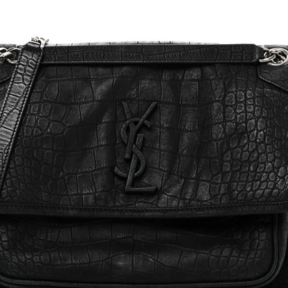Saint Laurent Nubuck Crocodile Embossed Monogram Medium Niki Chain Satchel Black 8 of 10