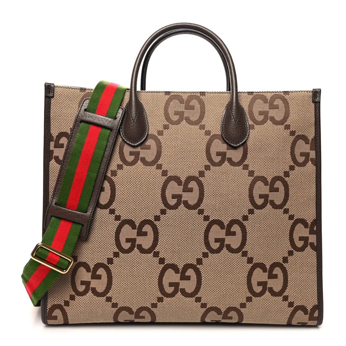 Monogram Jumbo GG Textured Dollar Calfskin Web Tote Bag Camel Ebony New Acero