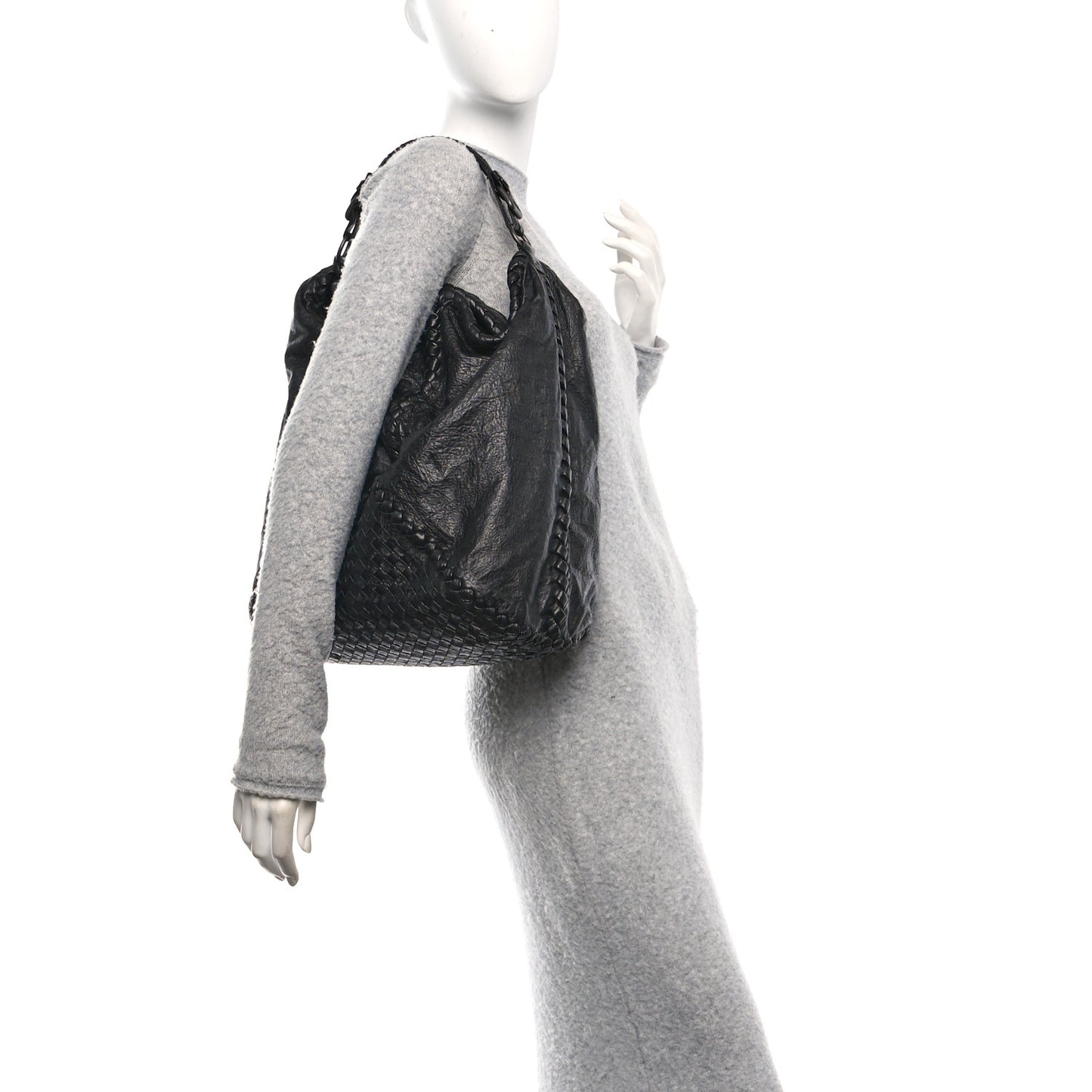 Grained Lambskin Intrecciato Large Shoulder Bag Black