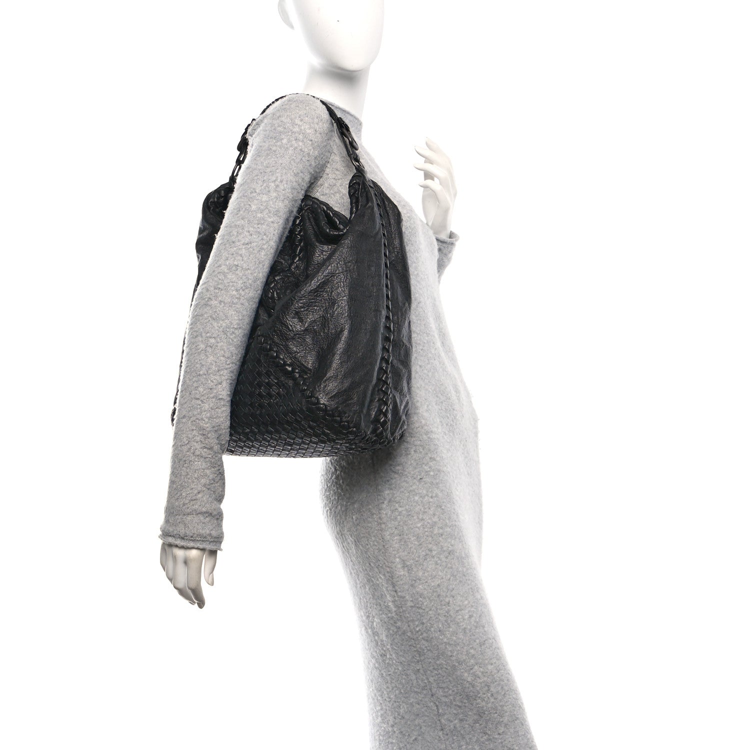 Bottega Veneta Grained Lambskin Intrecciato Large Shoulder Bag Black 2 of 9