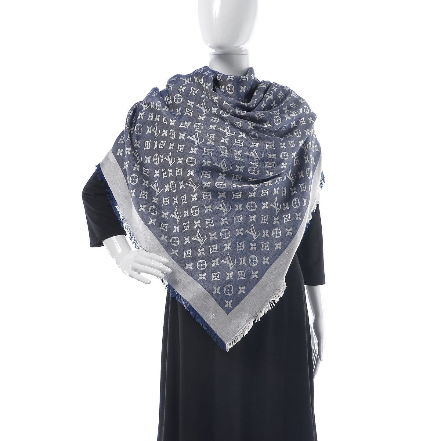 Silk Wool Monogram Denim Shawl Blue