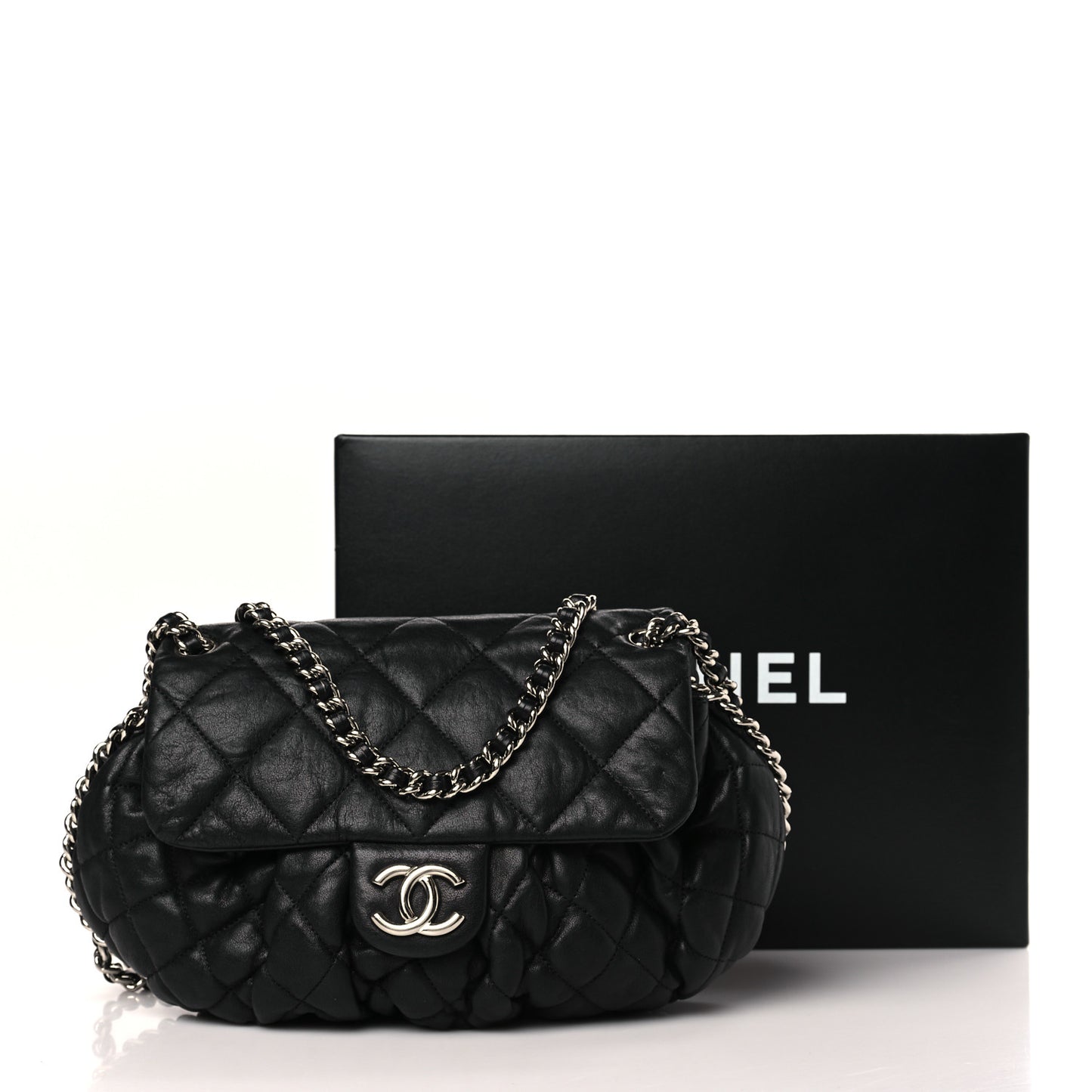 Washed Lambskin Quilted Chain Around Flap Black