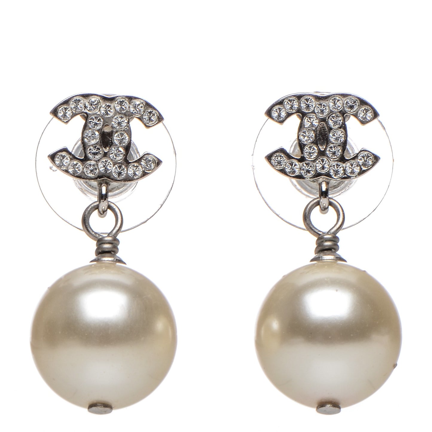 Crystal Pearl CC Drop Earrings Silver