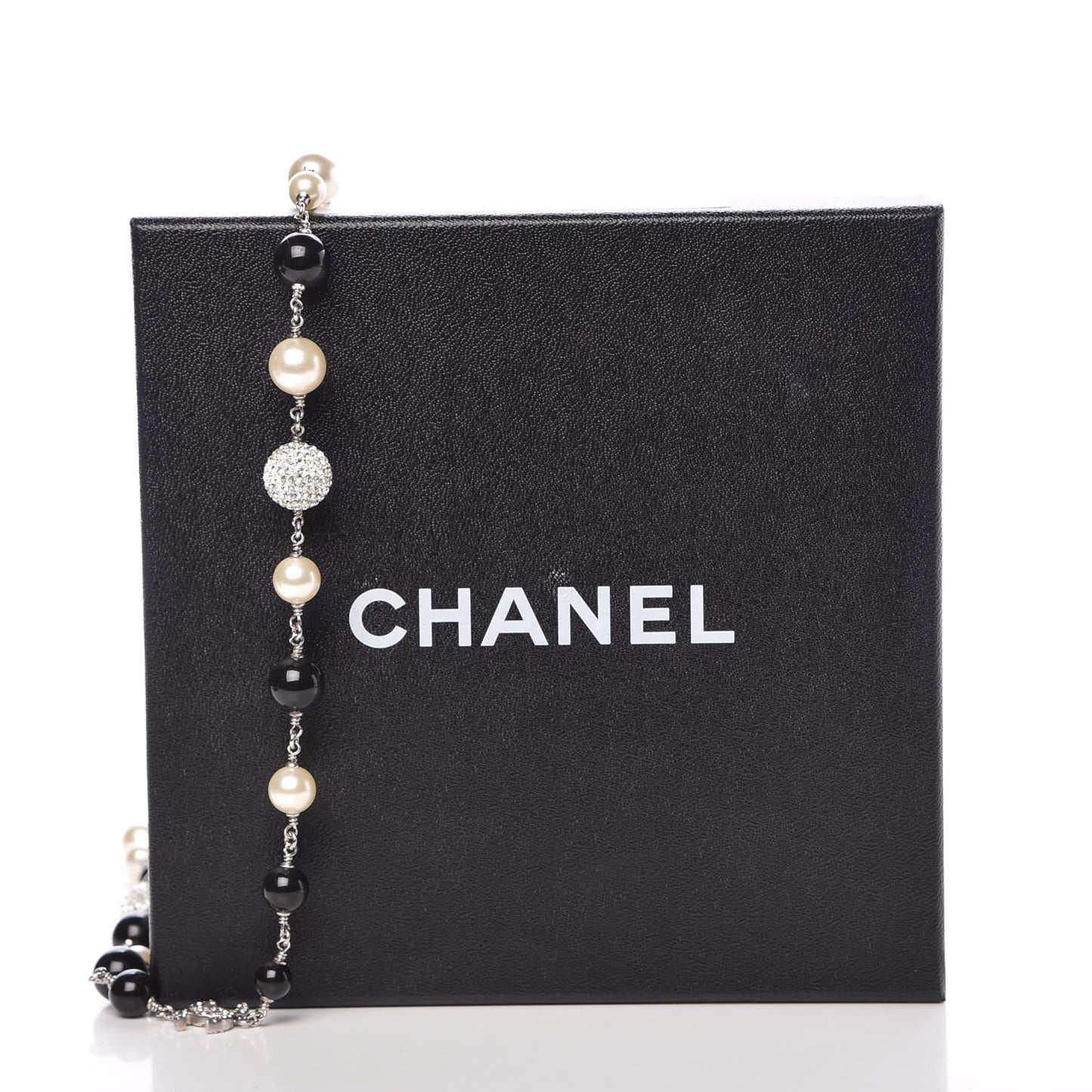 Pearl Crystal Bead CC Long Necklace Silver Black White