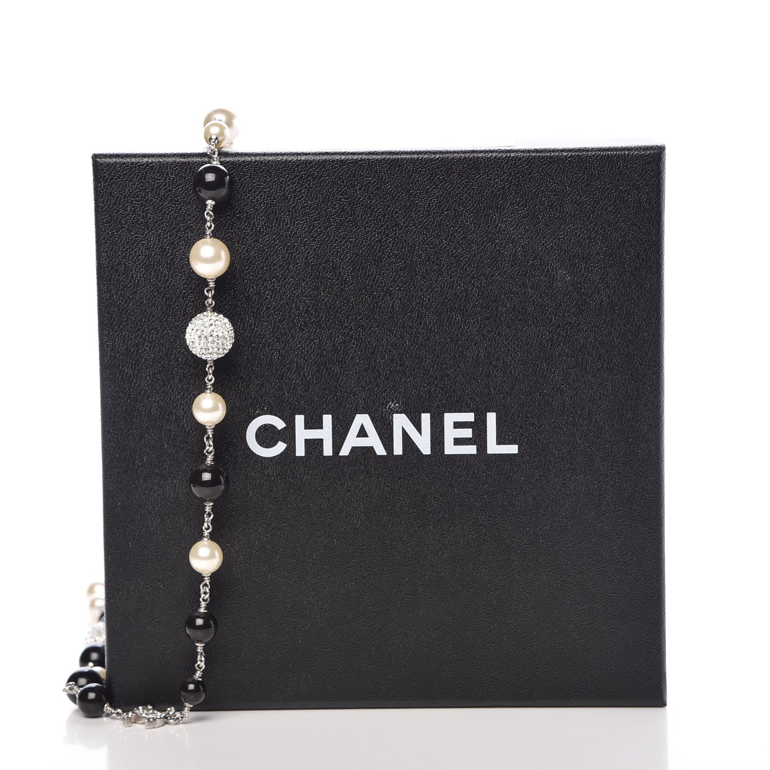 Chanel Pearl Crystal Bead CC Long Necklace Silver Black White 7 of 7