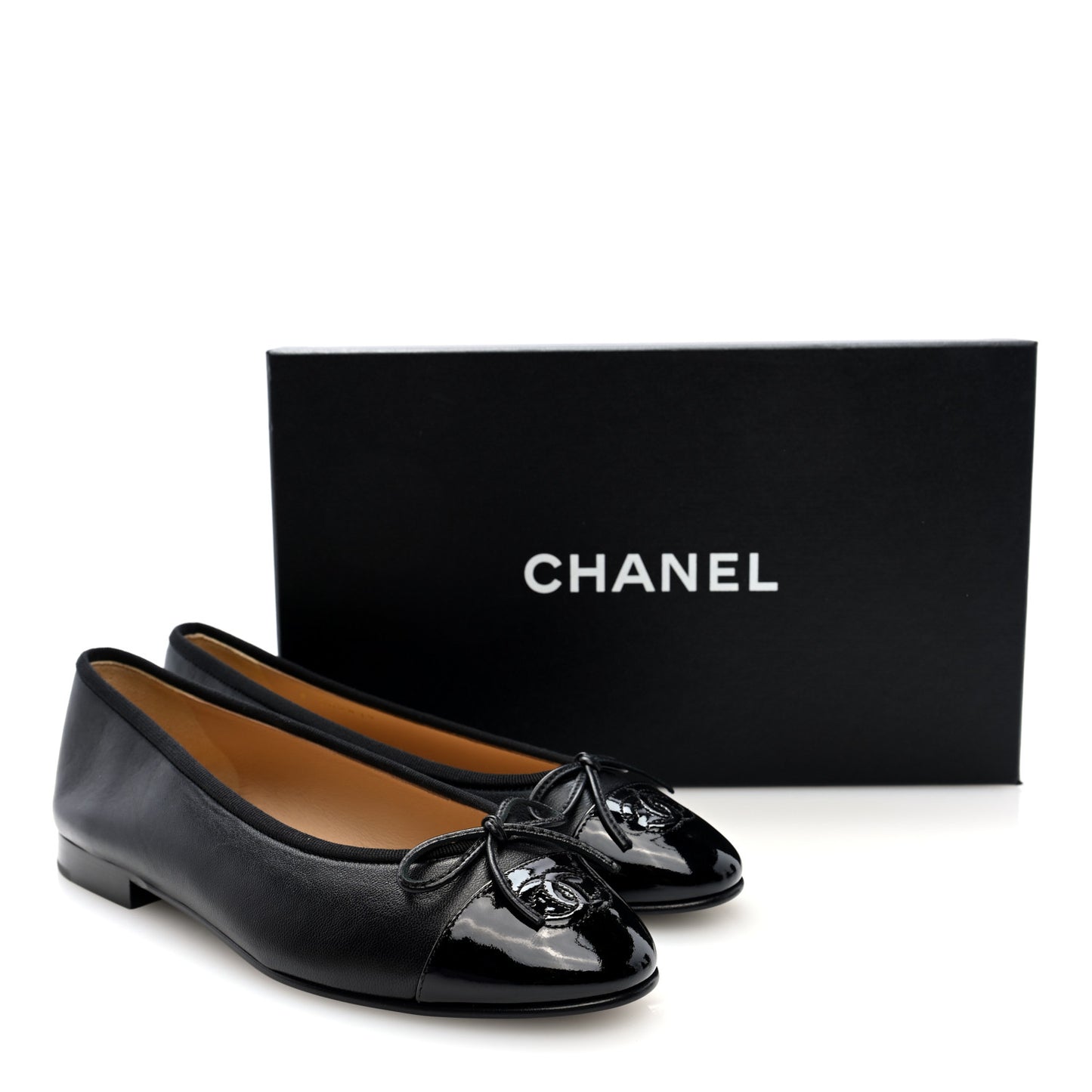 Lambskin Patent Cap Toe Ballerina Flats 37 Black