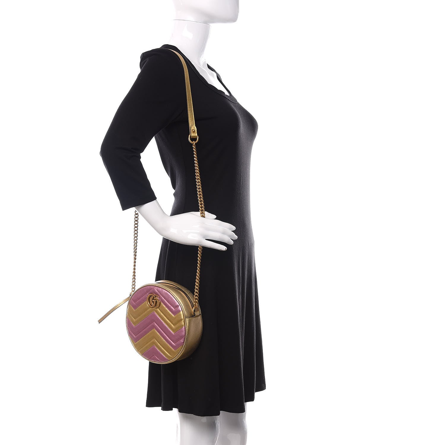 Gucci Metallic Calfskin Matelasse Mini GG Marmont Round Shoulder Bag Gold Pink 2 of 11