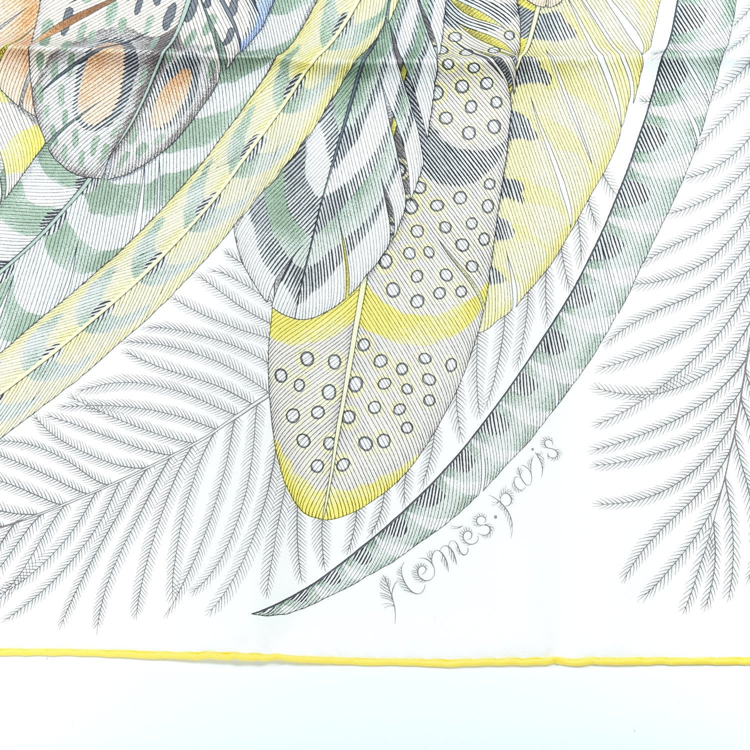 Hermes Cashmere Silk Plumes En Fete Scarf 90 Blanc Jaune Mauve 3 of 7