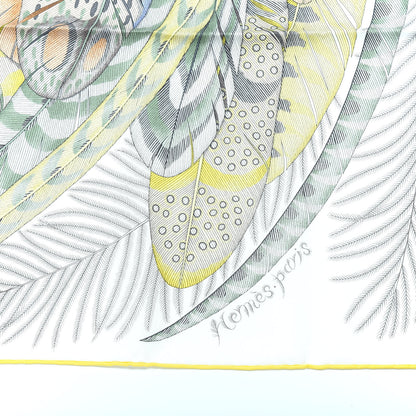 Hermes Cashmere Silk Plumes En Fete Scarf 90 Blanc Jaune Mauve 3 of 7