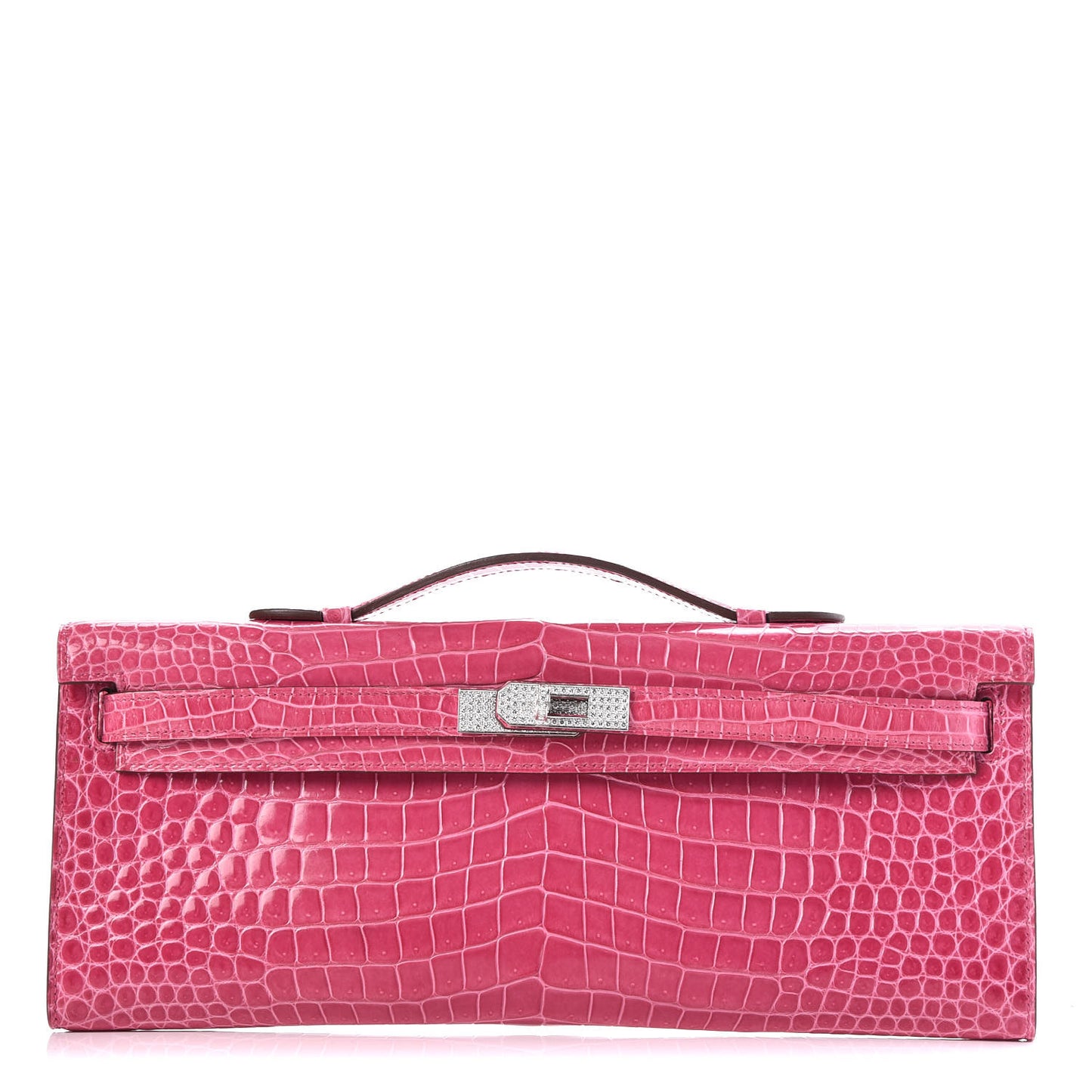 Shiny Porosus Crocodile 18K White Gold Diamond Kelly Cut Pochette Rose Tyrien
