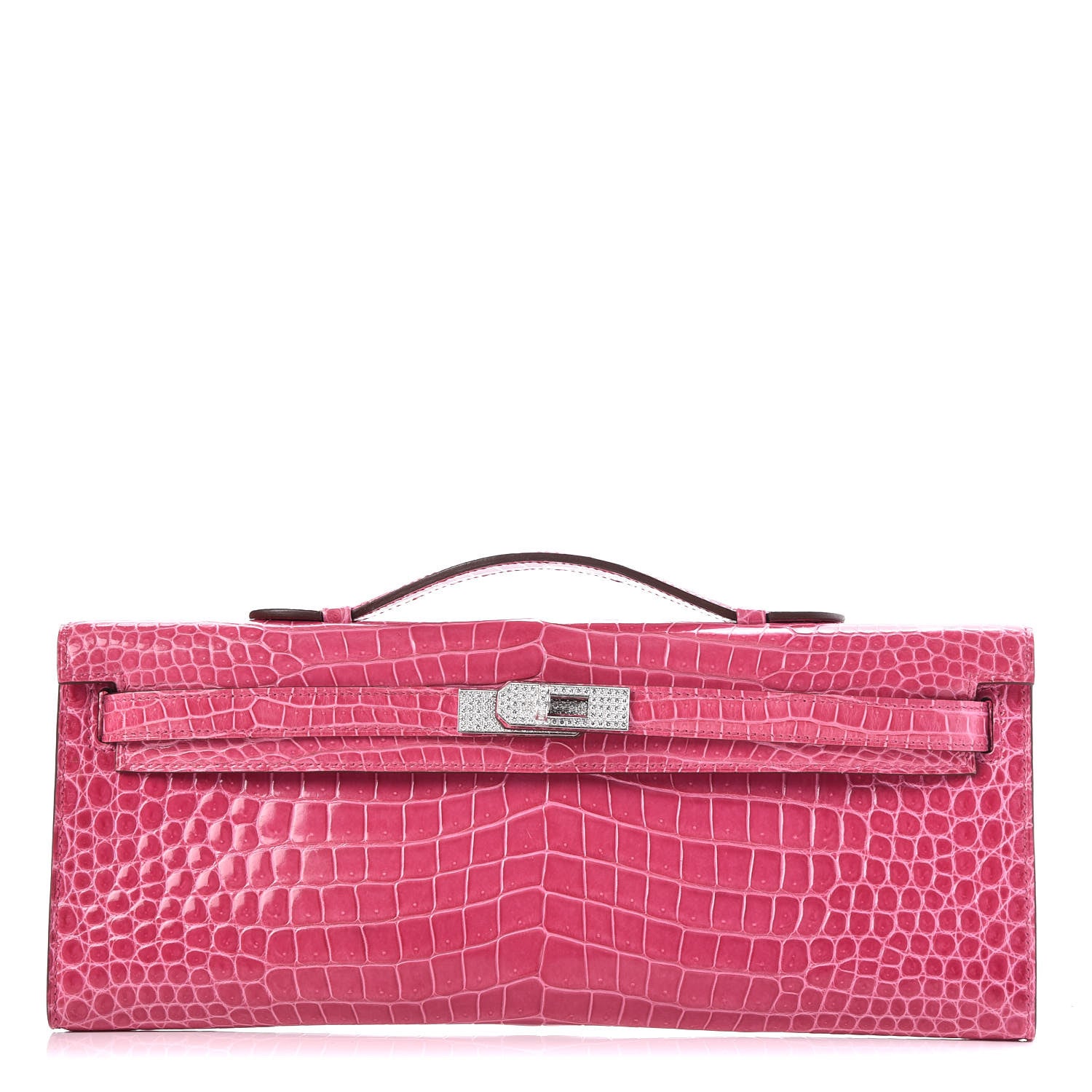 Hermes Shiny Porosus Crocodile 18K White Gold Diamond Kelly Cut Pochette Rose Tyrien 1 of 27