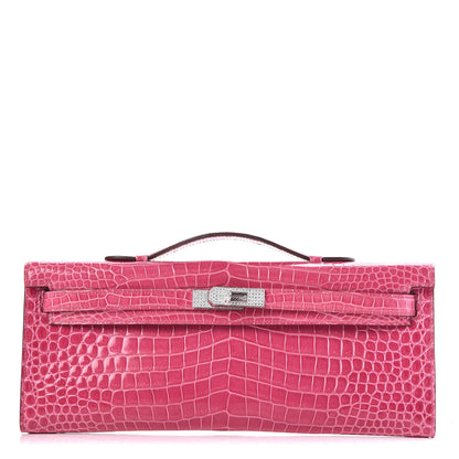 Hermes Shiny Porosus Crocodile 18K White Gold Diamond Kelly Cut Pochette Rose Tyrien 1 of 27