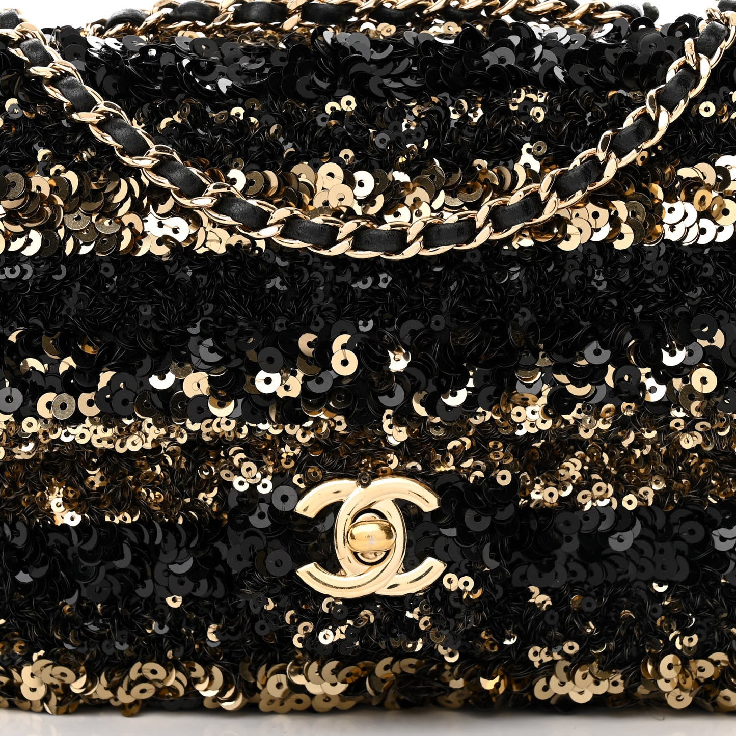 Sequin Striped Classic Mini Flap Black Gold