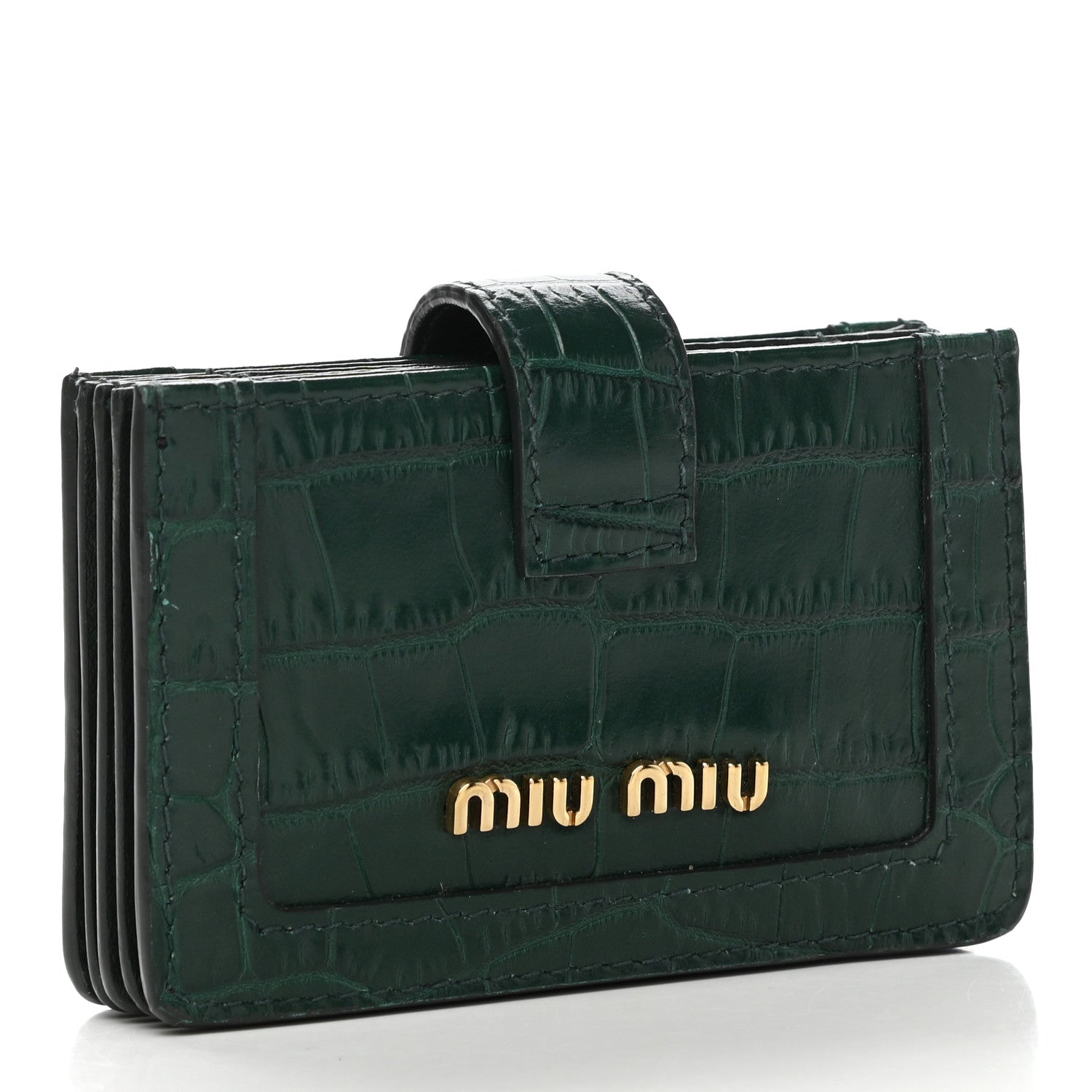 Miu Miu Calfskin Crocodile Embossed Saint Cocco Accordion Card Holder Smeraldo 3 of 8