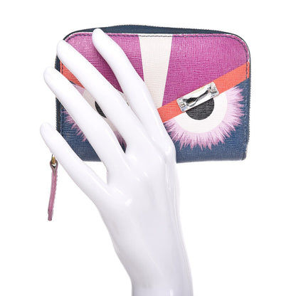 Fendi Vitello Elite Crystal Eye Monster Mini Zip Around Wallet Cobalt Lavender Pink 2 of 13