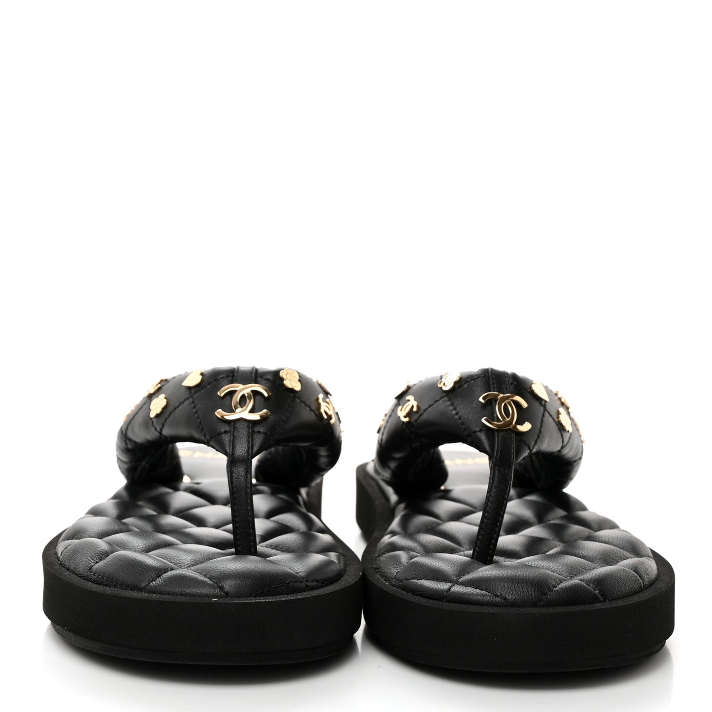 Lambskin Quilted Padded Charms Thong Sandals 37.5 Black