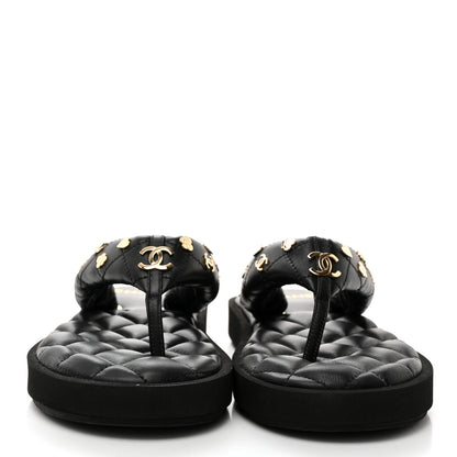 Chanel Lambskin Quilted Padded Charms Thong Sandals 37.5 Black 2 of 8
