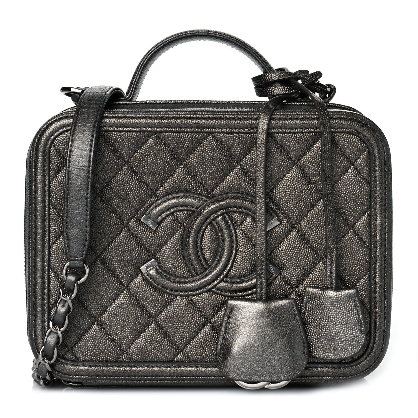 Metallic Caviar Quilted Medium CC Filigree Vanity Case Dark Silver