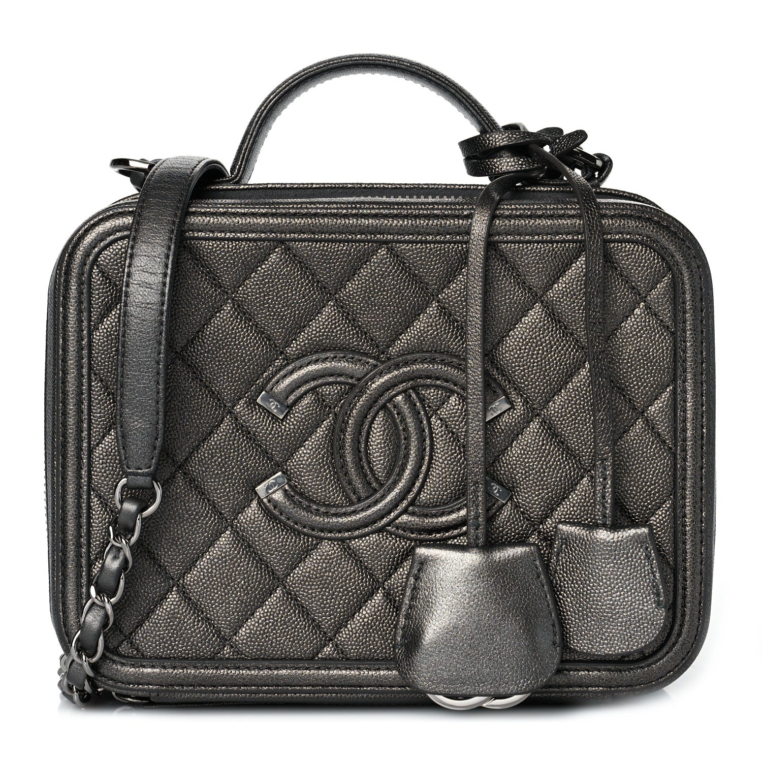 Chanel Metallic Caviar Quilted Medium CC Filigree Vanity Case Dark Silver 1 of 9