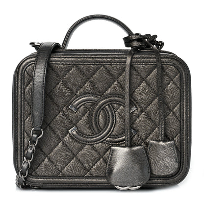 Chanel Metallic Caviar Quilted Medium CC Filigree Vanity Case Dark Silver 1 of 9
