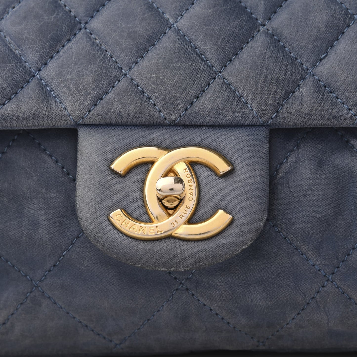 Iridescent Calfskin Large Chic Quilt Flap Dark Blue