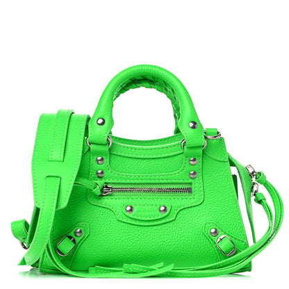 Balenciaga Grained Calfskin Neo Classic Silver Hardware Nano City Crossbody Fluo Green 1 of 9