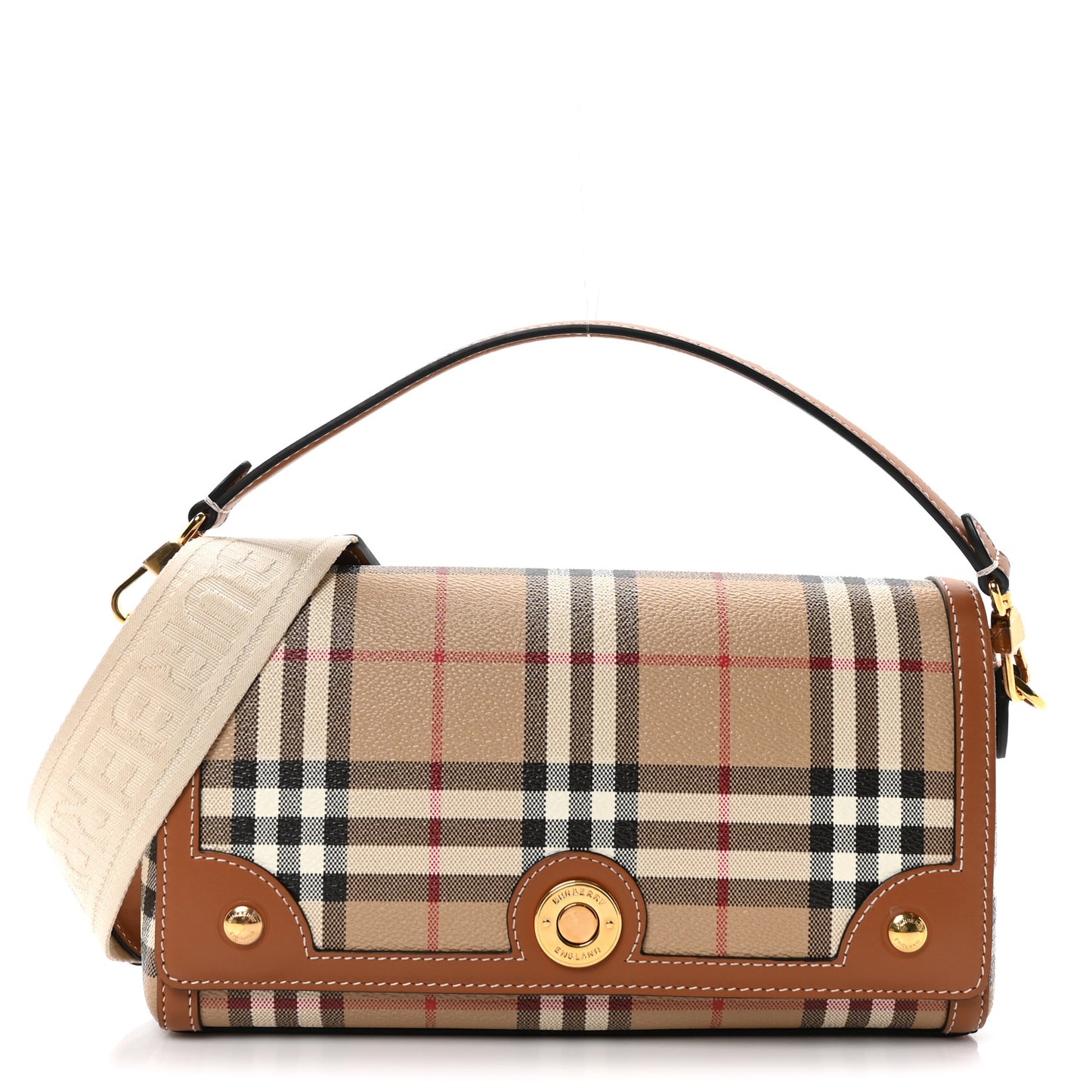 Coated Canvas Calfskin Vintage Check Medium Note Crossbody Bag Brown