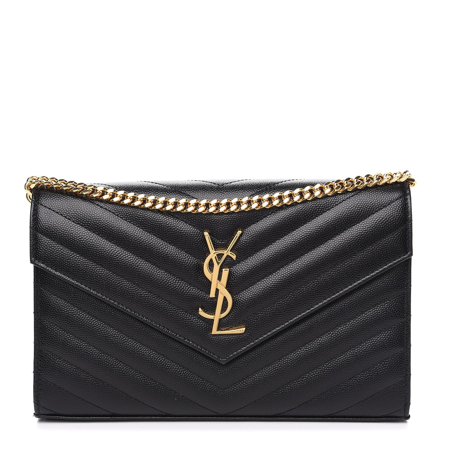 Saint Laurent Grain De Poudre Matelasse Chevron Monogram Chain Wallet Black 1 of 8