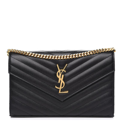 Saint Laurent Grain De Poudre Matelasse Chevron Monogram Chain Wallet Black 1 of 8
