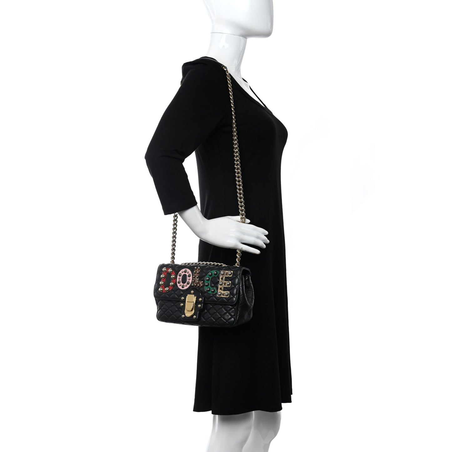 Lambskin Watersnake Embellished Lucia Shoulder Bag Black