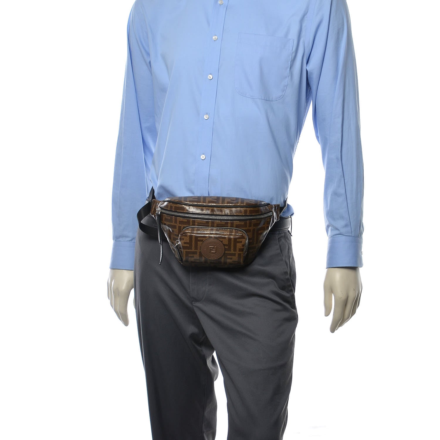 Fendi Glazed Fabric Vitello Century FF 1974 Stamp Patch Mens Pocket Belt Bag Mogano Panna Black 2 of 7