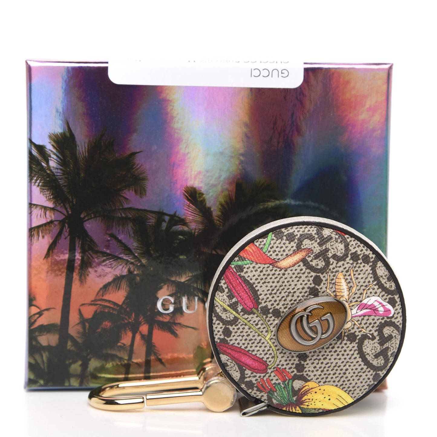 GG Supreme Monogram Tian Tape Measure Key Ring Beige Multicolor