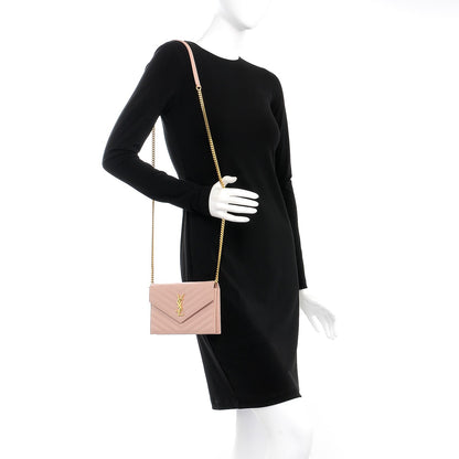 Saint Laurent Grain De Poudre Matelasse Chevron Monogram Envelope Chain Wallet Pale Pink 2 of 9
