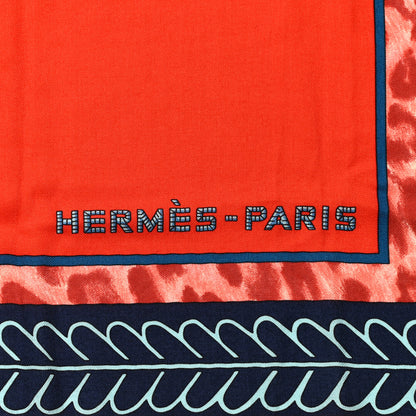 Hermes Cashmere Silk Selle D'Officier Shawl 140 Orange Bleu Corail 2 of 5