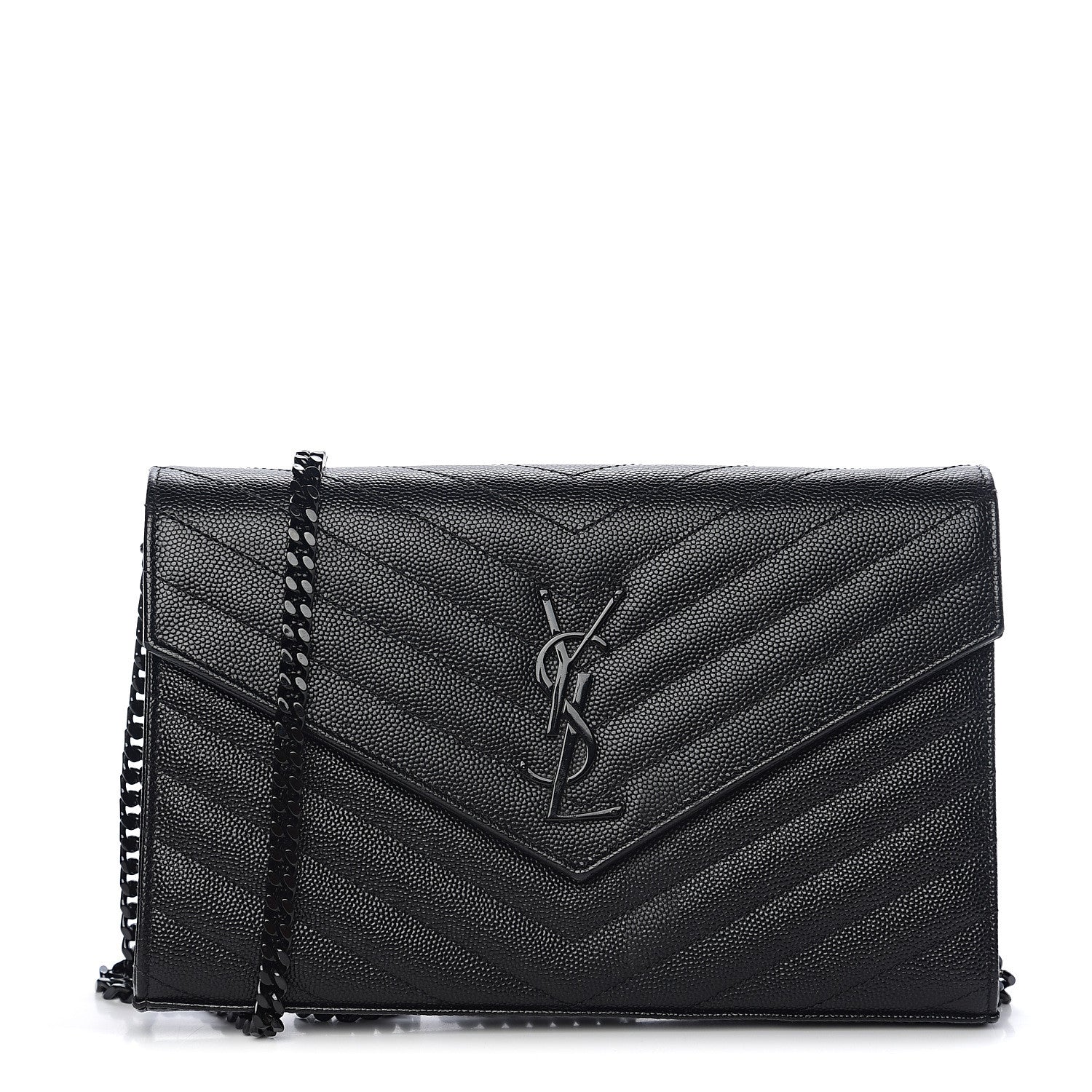 Saint Laurent Grain De Poudre Matelasse Chevron Monogram Chain Wallet Black 1 of 11