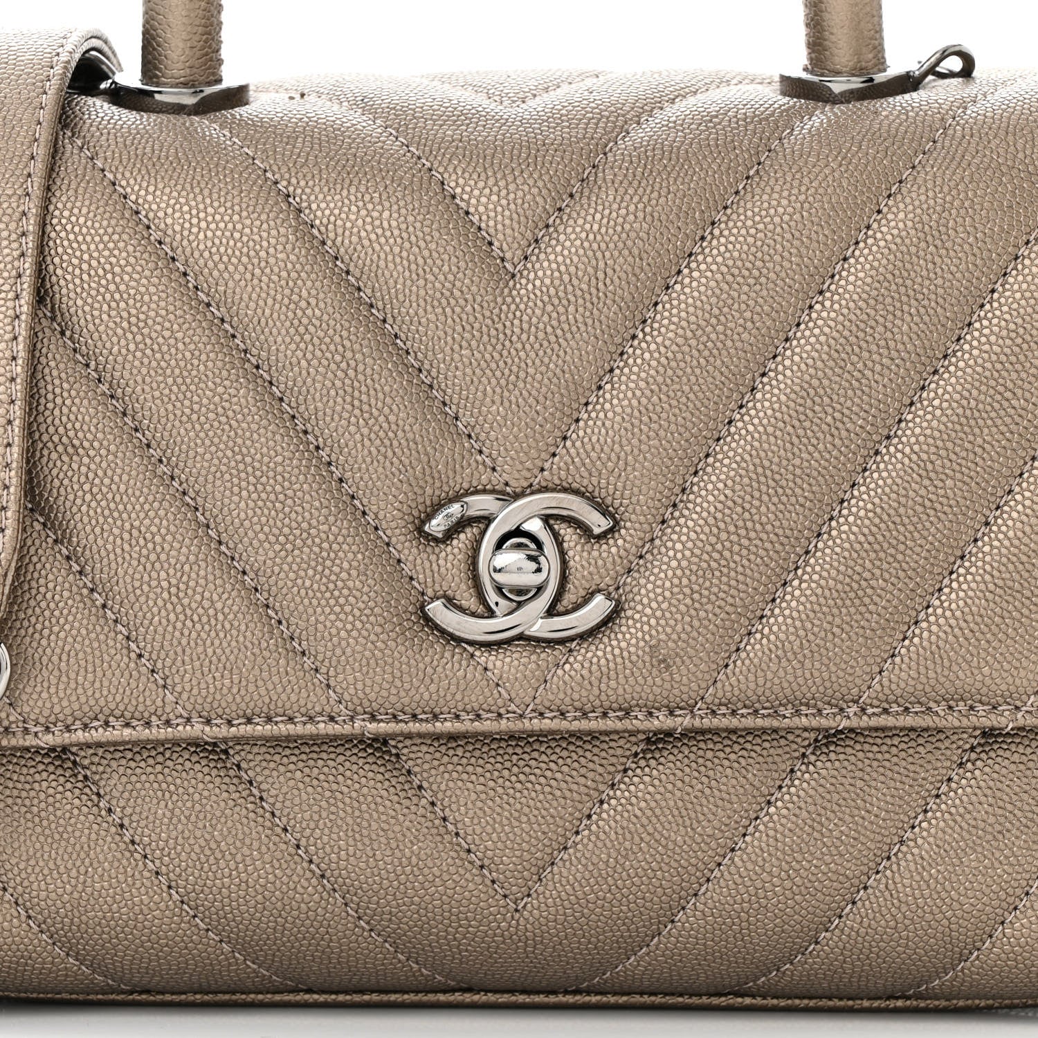Chanel Metallic Caviar Chevron Quilted Mini Coco Handle Flap Light Gold 8 of 11