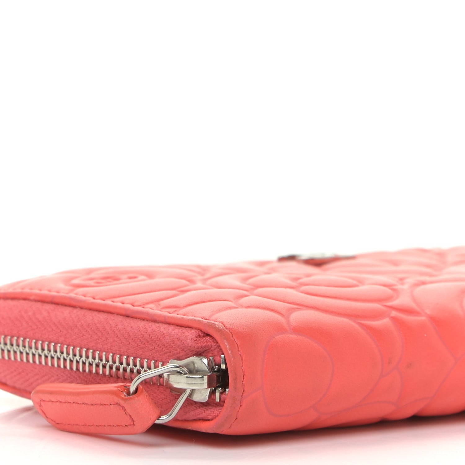 Chanel Lambskin Camellia Embossed Small Zip Around Wallet Coral 8 of 9