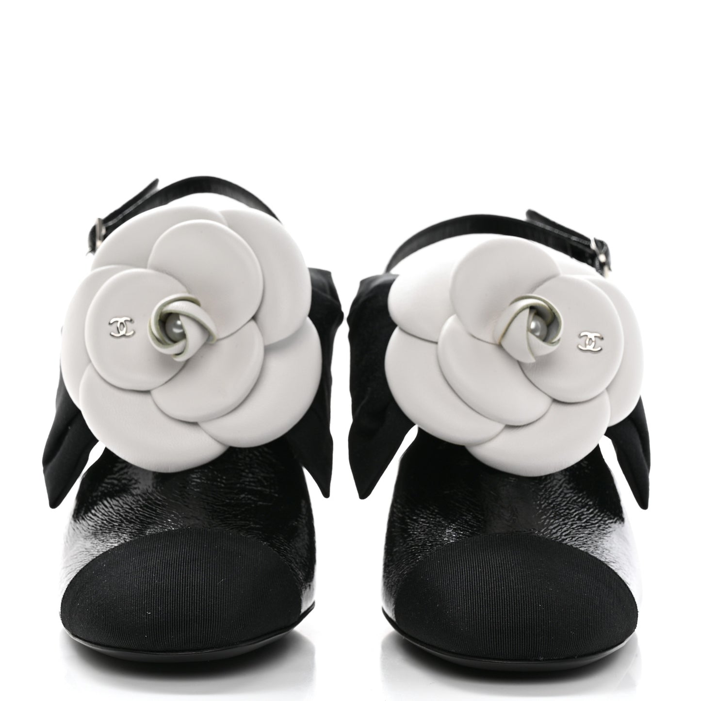 Crumpled Shiny Fabric Grosgrain Cap Toe Camellia Bow Slingback Pumps 36.5 Black