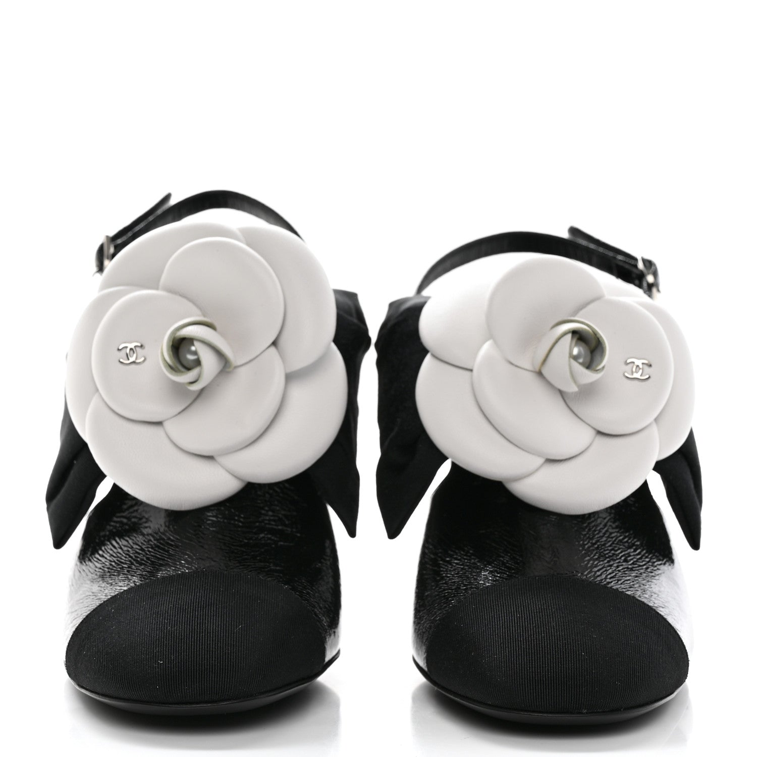 Chanel Crumpled Shiny Fabric Grosgrain Cap Toe Camellia Bow Slingback Pumps 36.5 Black 2 of 9