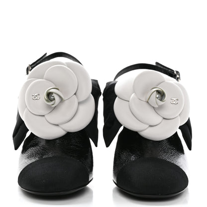 Chanel Crumpled Shiny Fabric Grosgrain Cap Toe Camellia Bow Slingback Pumps 36.5 Black 2 of 9