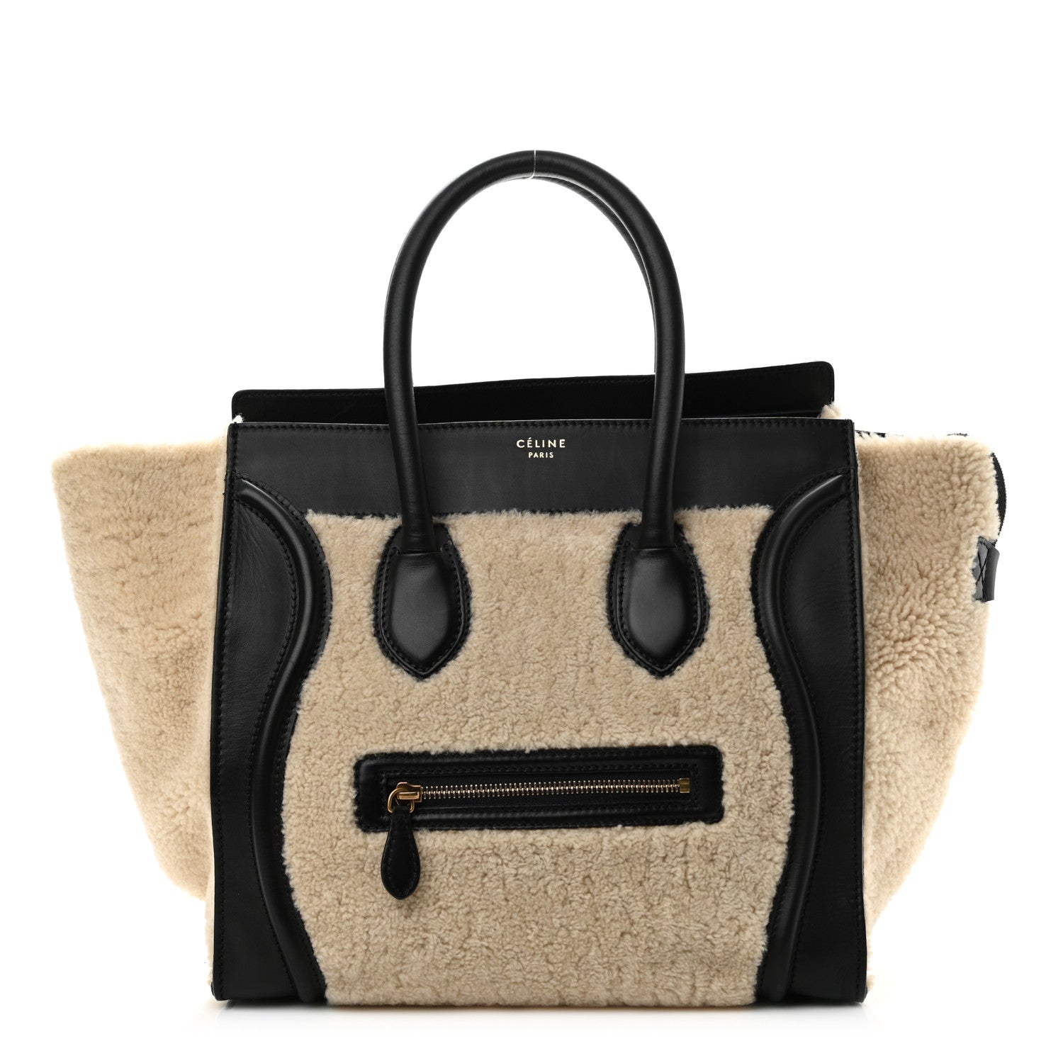 Celine Smooth Calfskin Shearling Bi-Color Mini Luggage Black Natural 1 of 12