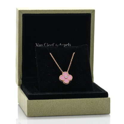 Van Cleef & Arpels 18K Rose Gold Diamond Pink Porcelain Vintage Alhambra Pendant Necklace 5 of 5
