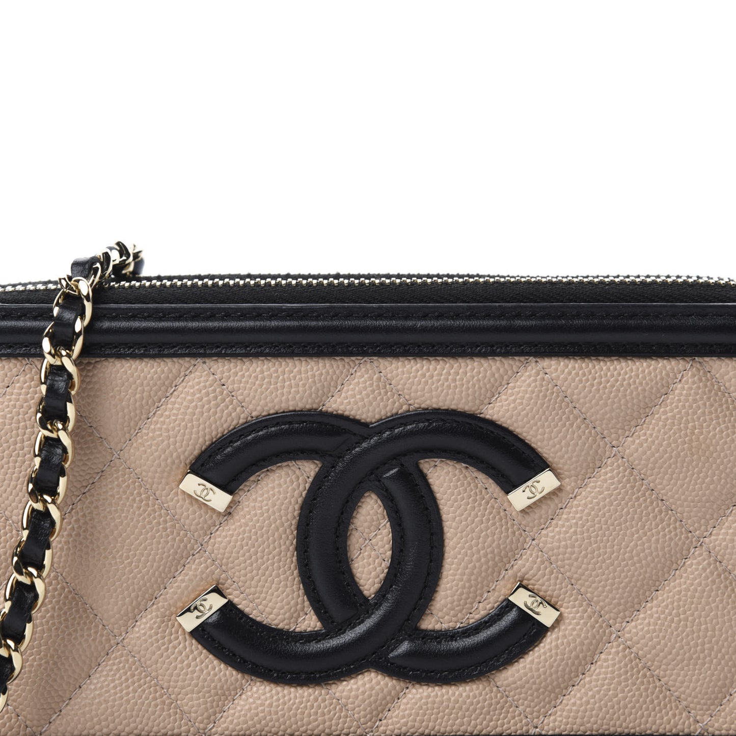 Caviar Quilted CC Filigree Clutch With Chain Beige Black