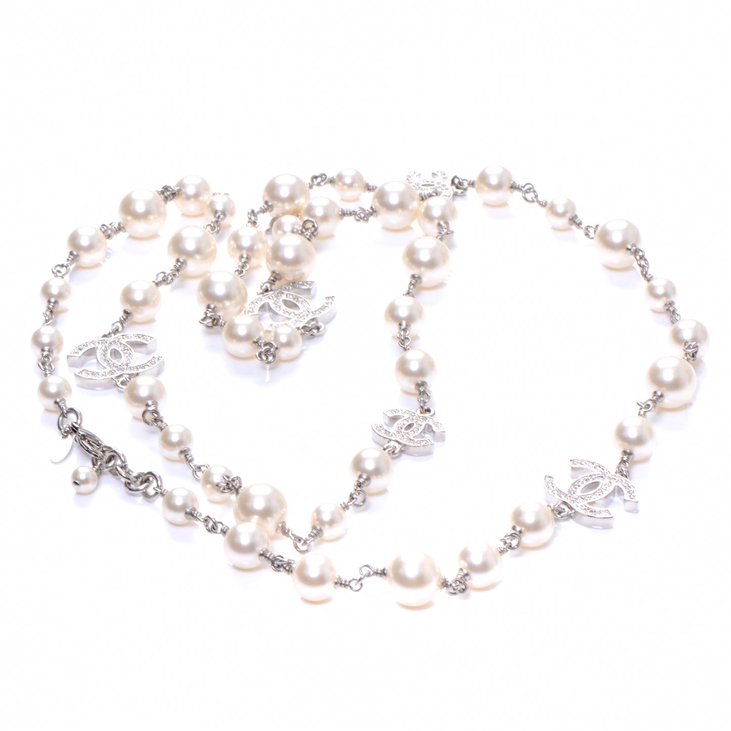 Crystal Pearl CC Long Necklace Silver