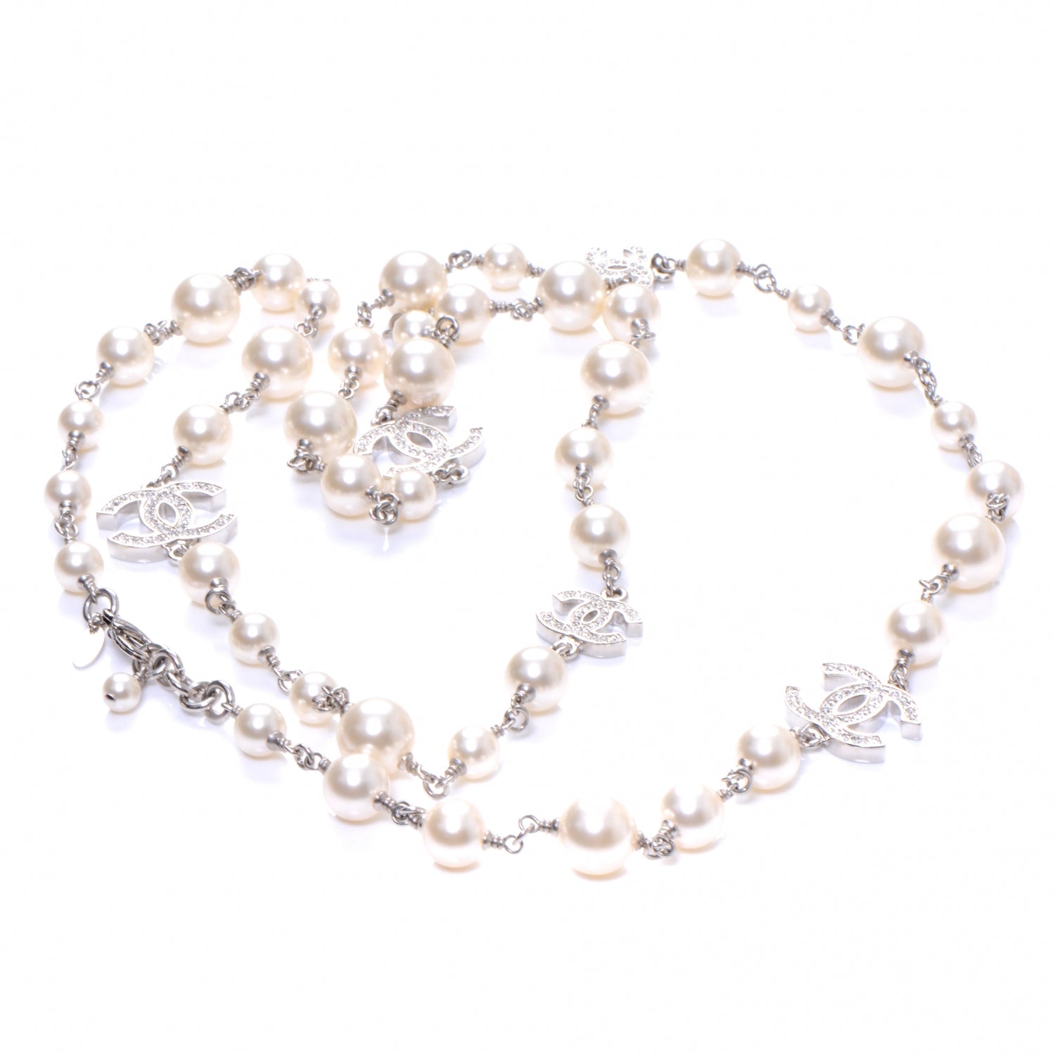 Chanel Crystal Pearl CC Long Necklace Silver 5 of 5
