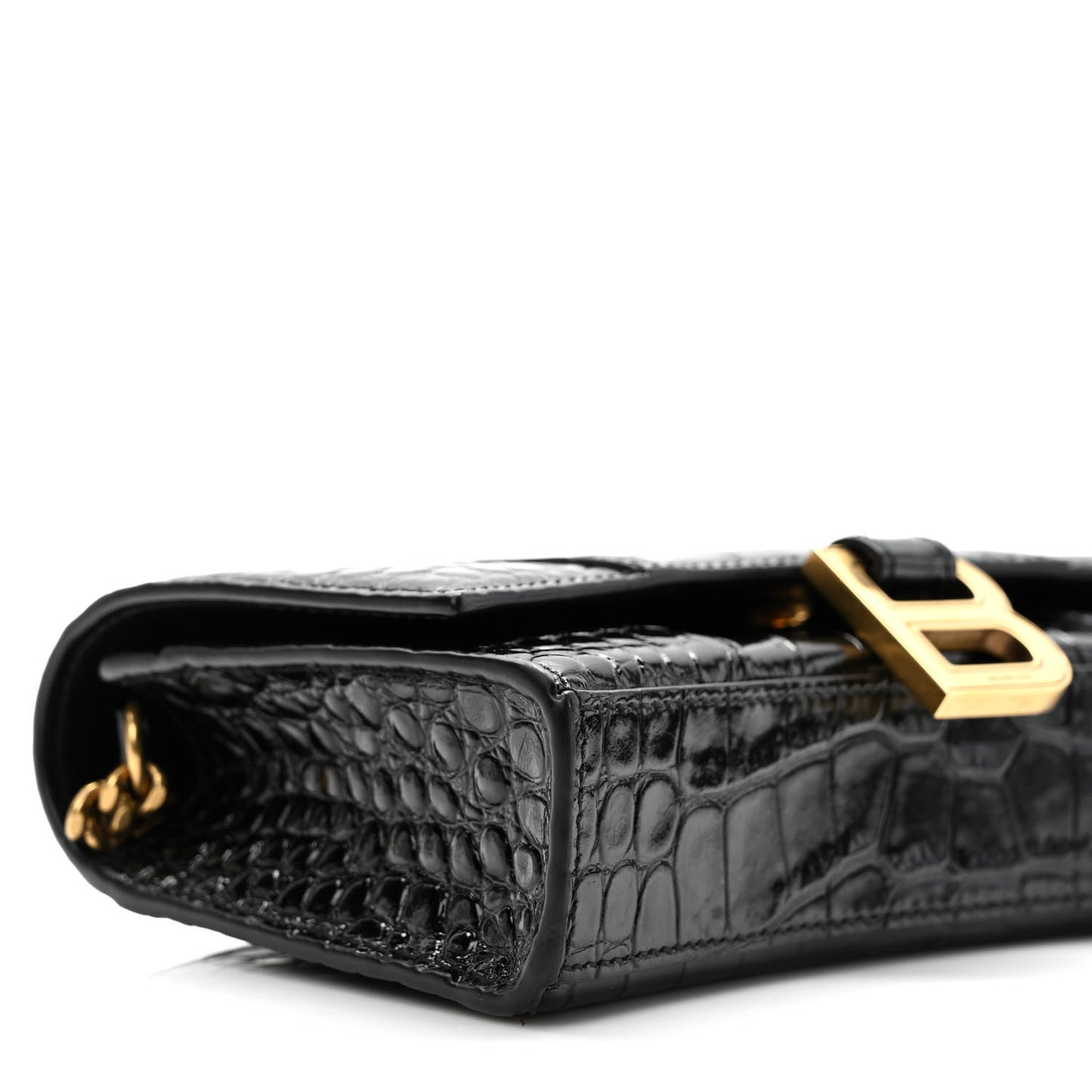 Shiny Calfskin Crocodile Embossed Hourglass Chain Bag Black